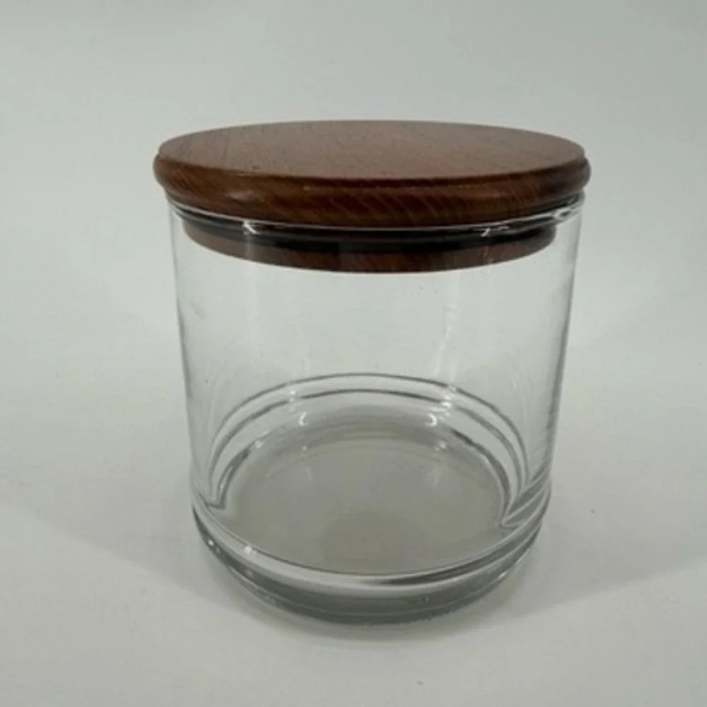 Clear Glass Storage Canister with Wood Lid Airtight Seal Jar 5.25in